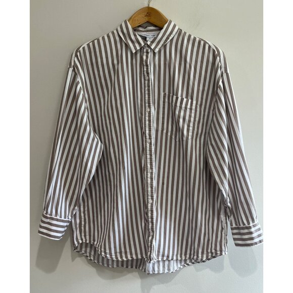 Old Navy The Boyfriend Shirt Button Up Womens M Tan Striped Coastal Core - Picture 1 of 6